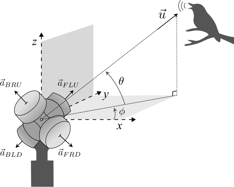 Diagram of a tetrahedral microphone array estimating the direction of a singing bird